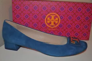 NIB TORY BURCH GIGI Block Logo Heel Pump Shoe Gold Logo Suede Symphony Blue 10 - Picture 1 of 9