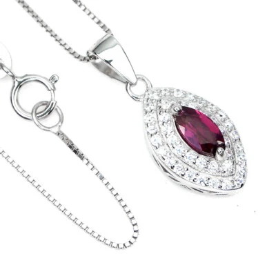 925 Sterling Silver Marquise Rhodolite 7x3.5mm Simulated Cz Necklace 18 - Image 1 of 4