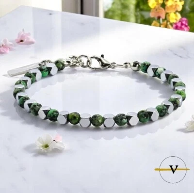 BRACCIALE UOMO PIETRE DURE NATURALI JASPER VERDE ACCIAIO INOSSIDABILE - Immagine 1 di 3