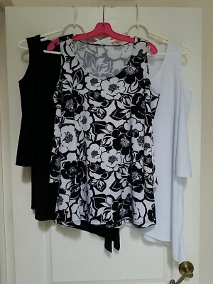 Lot of 3: Slinky Brand Cold Shoulder Long Sleeve Knit Top Tunic L in Black White - Image 1 of 4