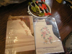 Bucilla 2 Pkg Stamped FLORAL Embroidery PILLOWCASE Sets 2 Each w/ Hoop & 6 Floss - Picture 1 of 7