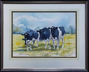 Hermosa pintura acuarela original del siglo XX vacas lecheras ganado estudio tierras de cultivo - Imagen 1 de 11