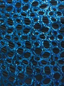 BLACK STRETCH MESH W/ TURQUOISE EMBROIDERY SEQUIN LACE FABRIC (54 in.) Sold BTY - Picture 1 of 4