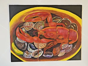LOBSTER and CLAM DINNER, NEW Acrylic Hand Painted 11" X 14" Canvas Panel - Imagen 1 de 3