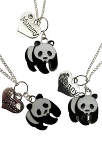 SILVER NECKLACE ENAMEL PANDA BEAR Family Gem Charm Pendant Love Heart Gift + Bag - Picture 1 of 3
