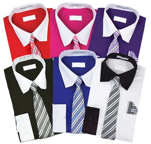 Boys Two Toned Dress Shirt Matching Tie & Hanky Toddler Kids Button Up Set - Picture 1 of 7