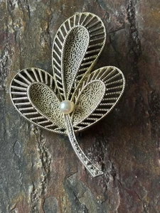Original Fahrnes Sterling filigrane Brosche Anstecknadel Blume Perle Mitte 2-1/8" - Bild 1 von 10