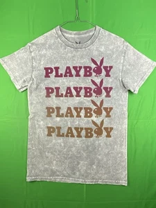 Playboy Bunny Official Licensed Logo Graphic T-Shirt Soft Gray Wash Size Small - Picture 1 of 7