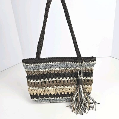 The Sak Crochet Shoulder Bag Brown Tan Gray Striped Tote Purse Tassel Boho  - Image 1 of 4