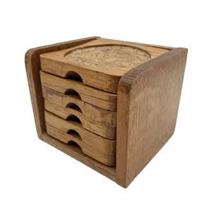 Vintage Holz Untersetzer Set mit Halter 6 Teile Kork Intarsien Mid Century Barware - Bild 1 von 6