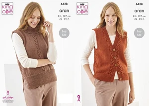 King Cole 6428 Knitting Pattern Aran Womens Cable Slip Over & Waistcoat - Picture 1 of 4