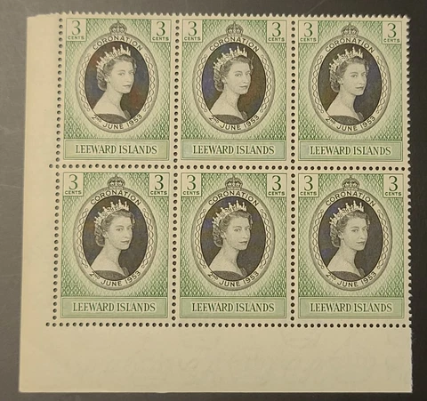LEEWARD ISLANDS 1953 CORONATION SC 132. SG 125 CORNER BLOCK of 6 QEII 3c MINT NH Cover