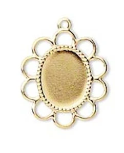 Drop, 10 Gold Plated Brass 17x15mm Ruffle with 10x8mm Oval Cabochon Setting * - Picture 1 of 2
