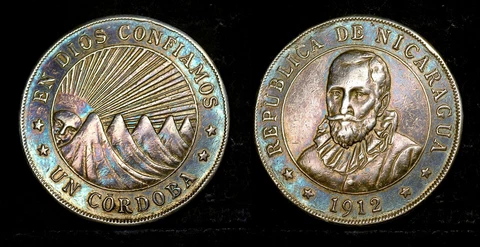 NICARAGUA 1912 H, 1 Cordoba, Silver Crown, aXF ,  rainbow tone Cover