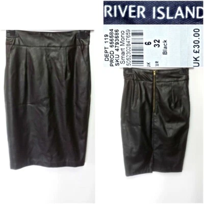RIVER ISLAND UK6 RRP=£30 BLACK KNEE LENGTH FAUX LEATHER PENCIL SKIRT #16 - Image 1 of 4