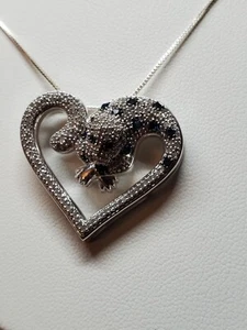 Fine Diamond .80ctw Rhodium Plated Sterling Silver Heart Shape Panther Necklace - Picture 1 of 18