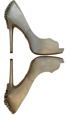 Badgley Mischka Embellished Peep-Toe Stiletto Heels Size 9.5M Satin & Leather - Image 1 of 4
