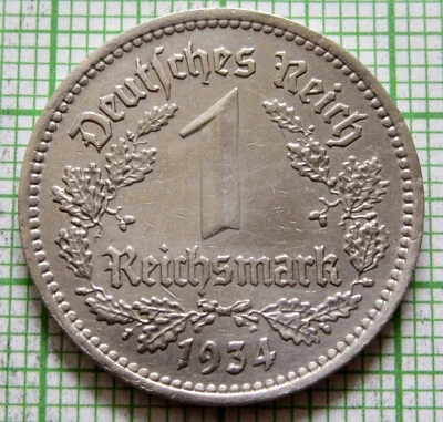 GERMANY THIRD REICH 1934 A 1 REICHSMARK Eagle pre-WWII coinage NICKEL km# 78 - Image 1 of 4
