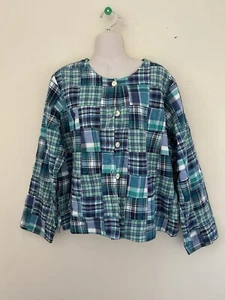 Orvis Damen Madras Karo Patchwork Jacke Gr. L Grün Blau Aqua Knopf Gefüttert - Bild 1 von 6
