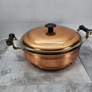 Vintage Coppercraft Guild Kupferschale mit Deckel, Pyrex-Einsatz, Holzgriffe - Bild 1 von 22