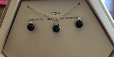 Juego de pendientes y collar de ónix semiprecioso - plateado 18 pulgadas sin níquel Foto 1 de 4