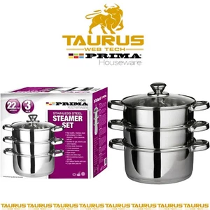 22 CM EURO Steamer Set Stainless Steel GLASS Lid 3 Tier Pot CAPSULATED Bottom UK - Picture 1 of 4