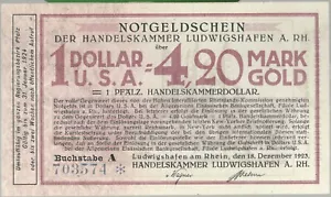 LUDWIGSHAFEN ALEMANIA DINERO DE EMERGENCIA UNC 1923 DENOMINADO 4,20 MARCO DE ORO = 1 DÓLAR DE EE. UU. - Imagen 1 de 2