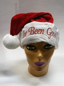 VELVET SANTA CLAUS HAT "I'VE BEEN GOOD" EMBROIDERED ADULT HOLIDAY ACCESSORY - Picture 1 of 1