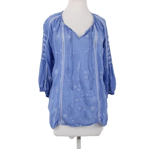 Johnny Was Top Sz M Dark Lavender Purple 3/4 Slv Embroidery Star Theme Rayon Top - Picture 1 of 13