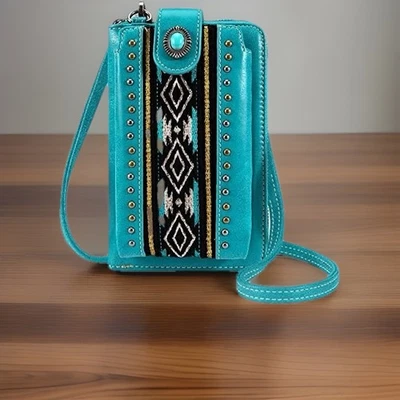 NEW Montana West American Bling Wallet Phone Crossbody Bag Stud Aztec Turquoise - Image 1 of 4