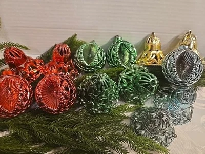 Vintage Bradford Plastic Filigree Bells & Indents  Christmas 13 Ornaments 1950's - Image 1 of 4