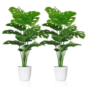 Set of 2 Artificial Monstera Deliciosa Plants in Pots, Fake Tropical Palm Tre... - Picture 1 of 9