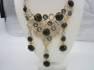 Estate Fabulous  Goldtone Black Gray Rhinestone Collar Statement  Necklace - Picture 1 of 4