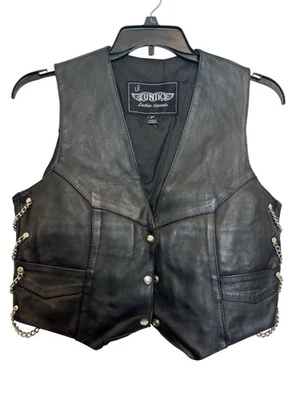 Unik Leather Apparel Mens Vest XL Black Genuine Leather Metal Chain Accents - Image 1 of 4