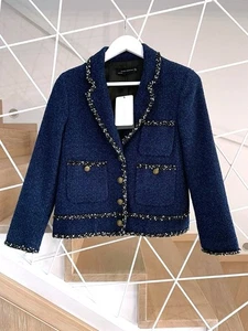 A653 ZARA BLAZER NAVY BLUE TWEED FANTASY BUTTONS JACKET COAT LARGE - L - Bild 1 von 12