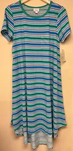 Lularoe Carly T Shirt Dress--High Low Sz Small Green w/Multi-colored Stripes NWT - Picture 1 of 3