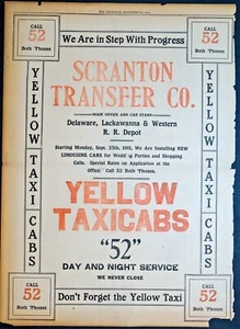 Rare 1911 Newspaper Full Page Ad - Scranton Transfer Co. Yellow Taxi Cabs - Picture 1 of 1