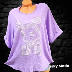 Italy Damen Shirt Oversized kurzarm T-Shirt Teddy Glitzer Flieder 42 44 46 - Bild 1 von 18