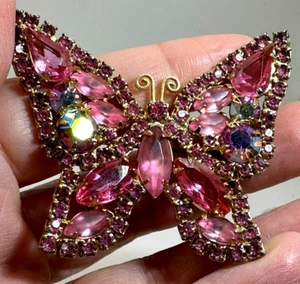 Butterfly Pink & Aurora Rhinestones & Navette WEISS Vintage Gold Brooch M-4343* - Picture 1 of 5