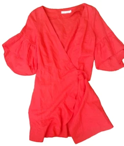 Slide Show Red Linen Blend Wrap Mini Dress Size 6 Frilly Short Sleeve - Picture 1 of 10