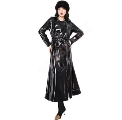 Women PVC Leather Trench Vinyl Shiny Light Weighted Raincoat Stylish Trench Coat - Image 1 of 4