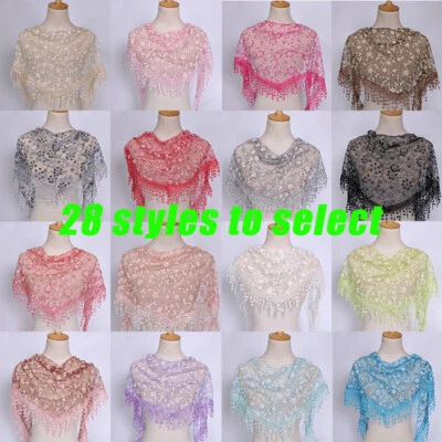 Écharpe Triangulaire En Dentelle Florale Pour Femmes Châle À Pampilles / - Photo 1/4