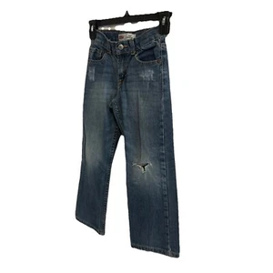 Dark Blue Levi's 514 Straight Size 7 Boys Jeans Distressed Adjustable Waist - Picture 1 of 11