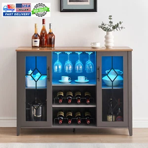 47" Wine Bar Cabinet Kitchen Buffet Sideboard W/ Lights & Glass Holder & Rack US - Picture 1 of 5