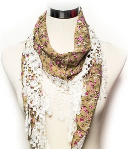 Foulard foulard triangolare con bordura all'uncinetto marrone fantasia floreale frange fantasia primaverile - Foto 1 di 4