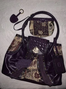 Original by Sharif 1827 Purple Leather Tassel Handbag w Coin Purse/Charm -Flaws - Picture 1 of 9