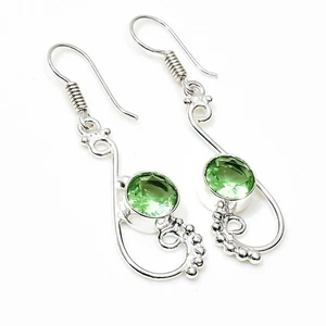 925 Sterling Silver Green Amethyst Gemstone Handmade Jewelry Earring Size-1.8" - Picture 1 of 4