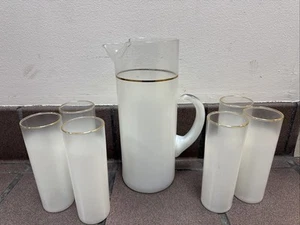 West Virginia Glass Company Blendo Matt Weißgold Krug 6 Gläser MCM - Bild 1 von 8