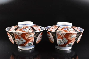 U248: Japanese Old Imari-ware Colored porcelain TEA BOWL/dish of soup 2pcs, - Picture 1 of 7