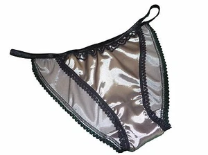 SILBER glänzendes SATIN Höschen MINI TANGA String Bikini schwarz Spitze Made in France - Bild 1 von 1